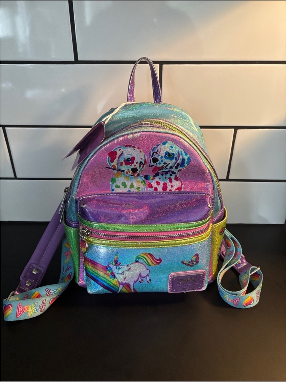 Loungefly x Lisa Frank Holographic Glitter Color Block Mini Backpack ( Has wear)